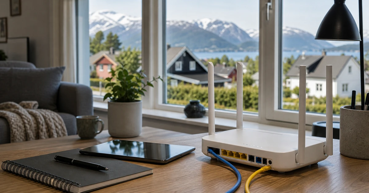Fiberkabel, ruter og norsk boligfelt med fjell i bakgrunnen